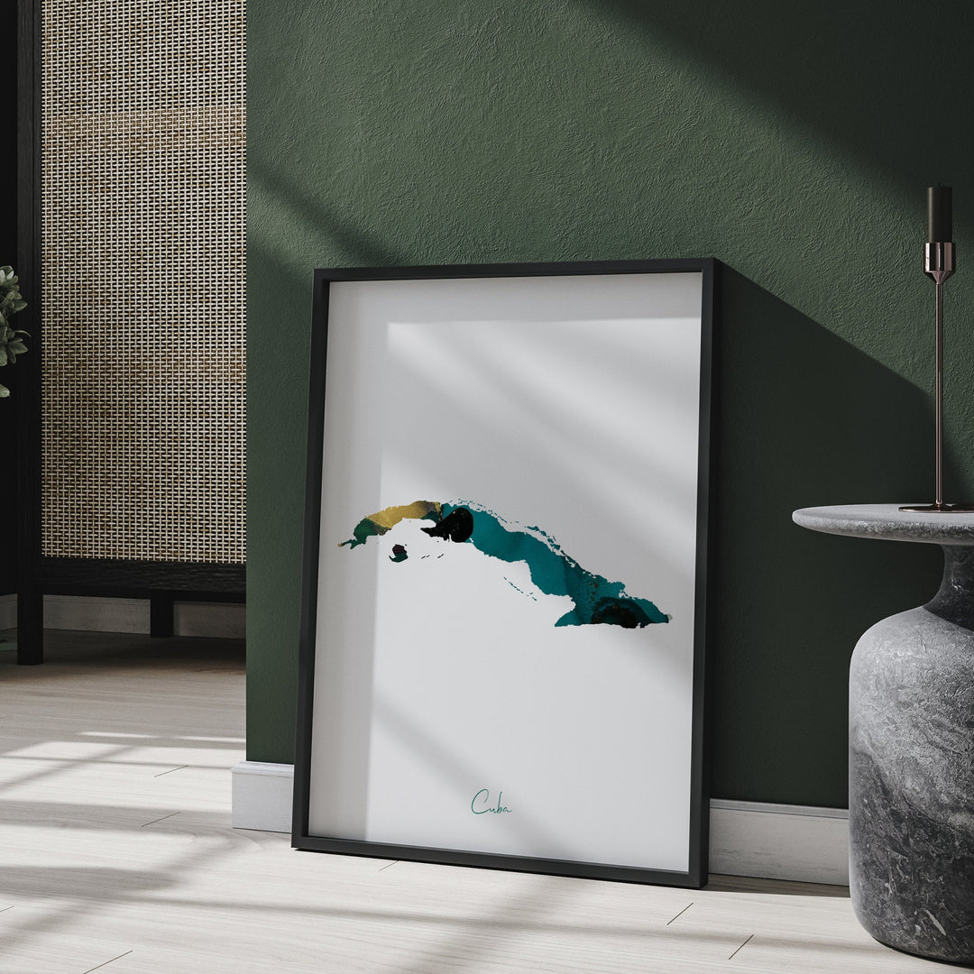 Cuba Map Emerald Green and Gold Wall Art Print