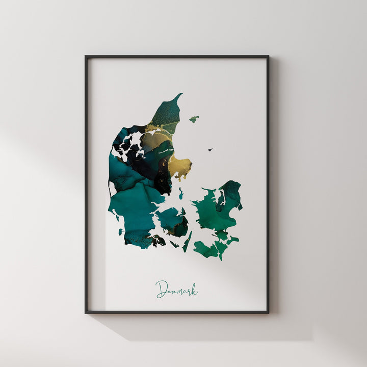 Denmark Map Emerald Green and Gold Wall Art Print