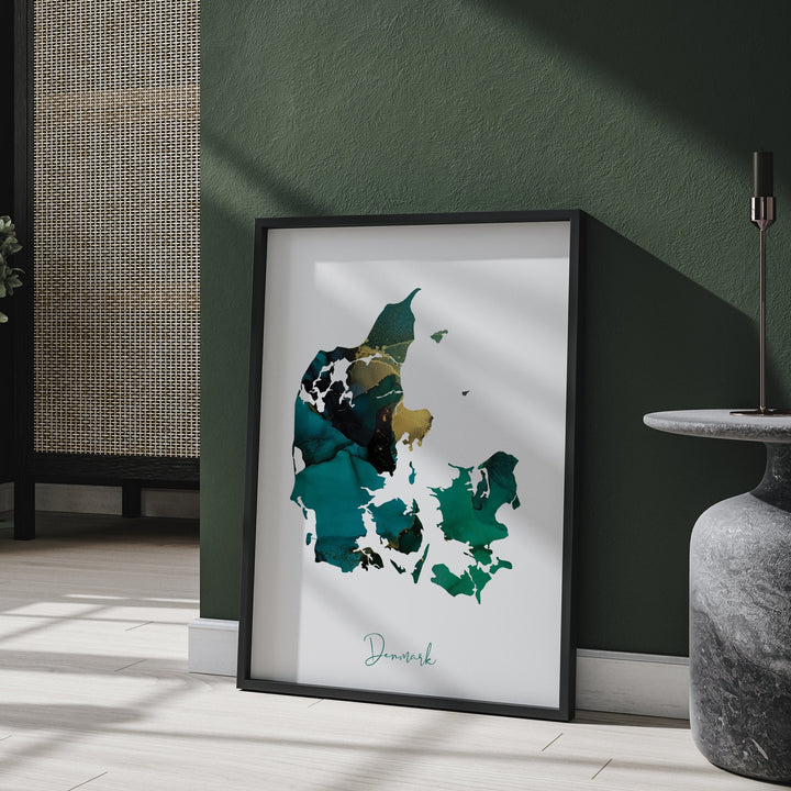 Denmark Map Emerald Green and Gold Wall Art Print