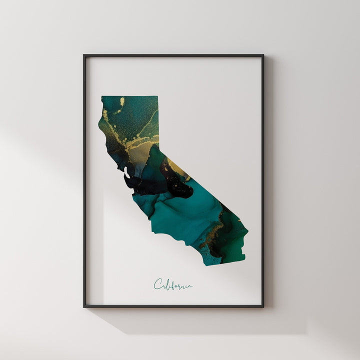 California Map Emerald Green and Gold Wall Art Print | US State | USA | United States of America