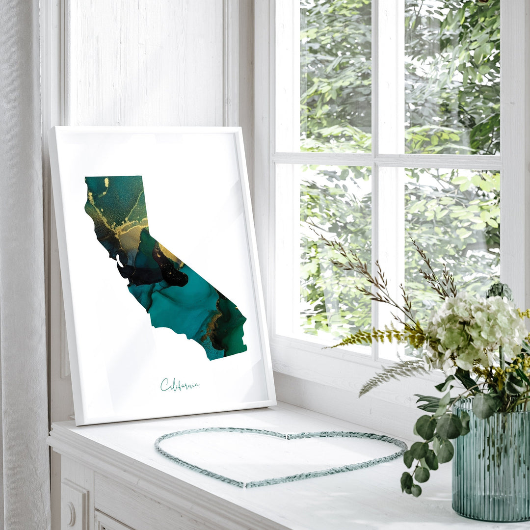 California Map Emerald Green and Gold Wall Art Print | US State | USA | United States of America