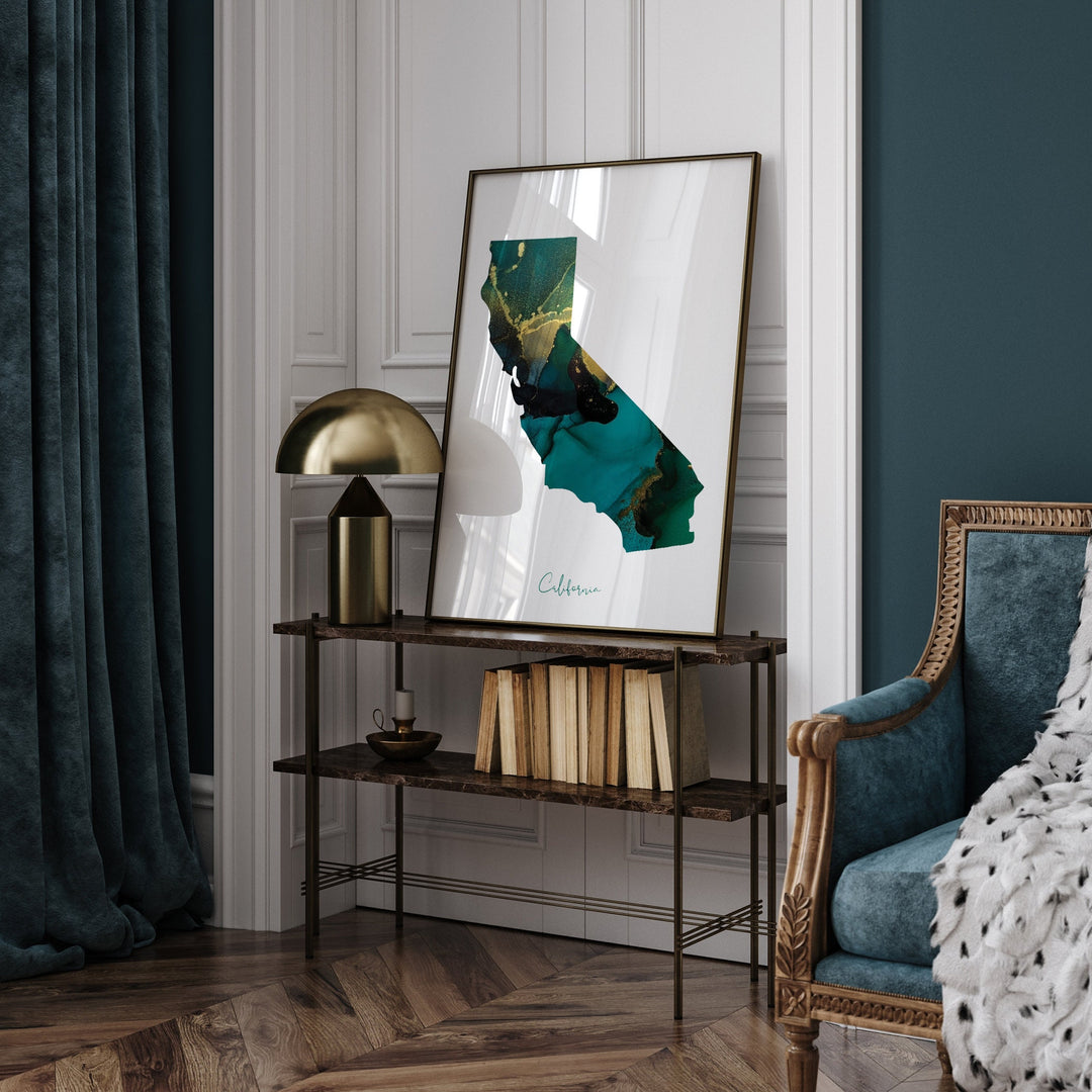 California Map Emerald Green and Gold Wall Art Print | US State | USA | United States of America