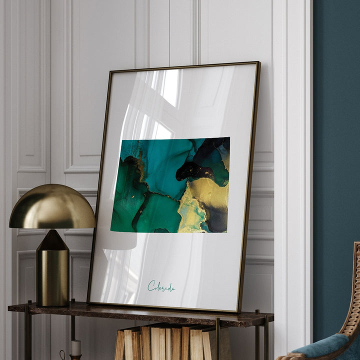 Colorado Map Emerald Green and Gold Wall Art Print | US State | USA | United States of America