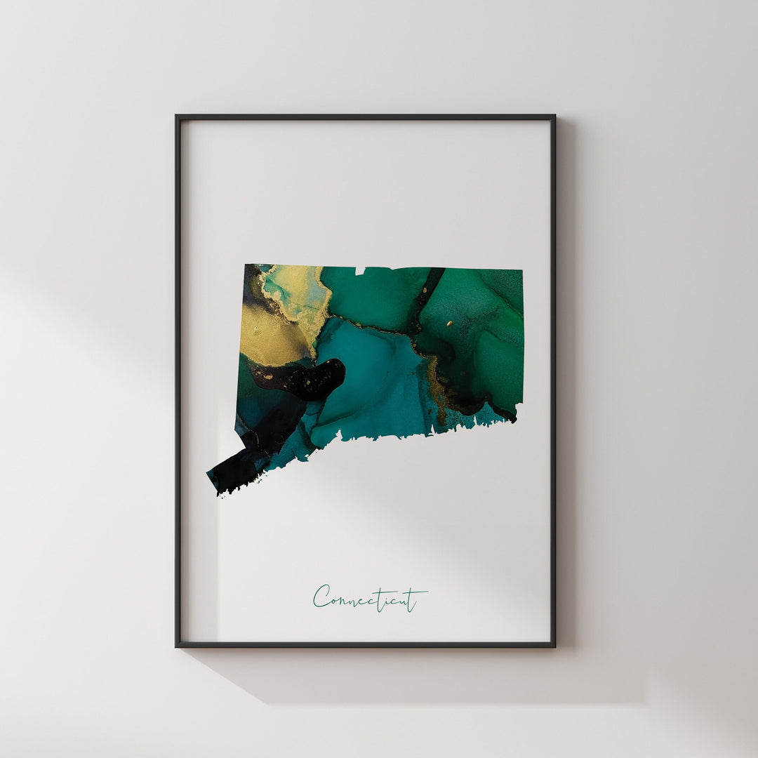 Connecticut Map Emerald Green and Gold Wall Art Print | US State | USA | United States of America