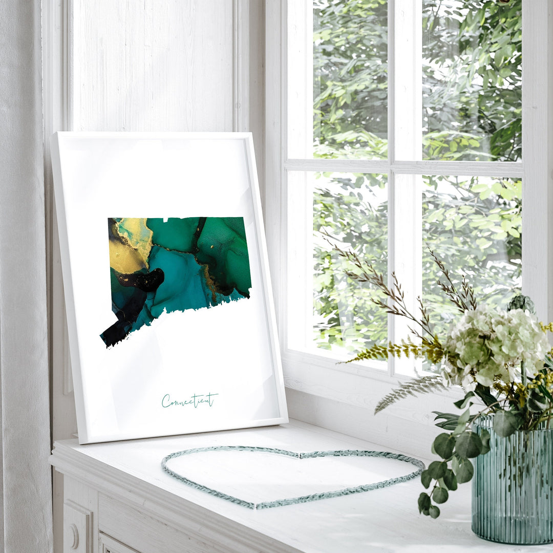 Connecticut Map Emerald Green and Gold Wall Art Print | US State | USA | United States of America