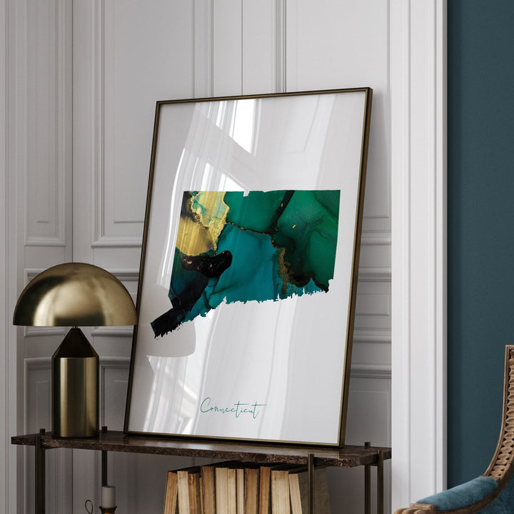 Connecticut Map Emerald Green and Gold Wall Art Print | US State | USA | United States of America