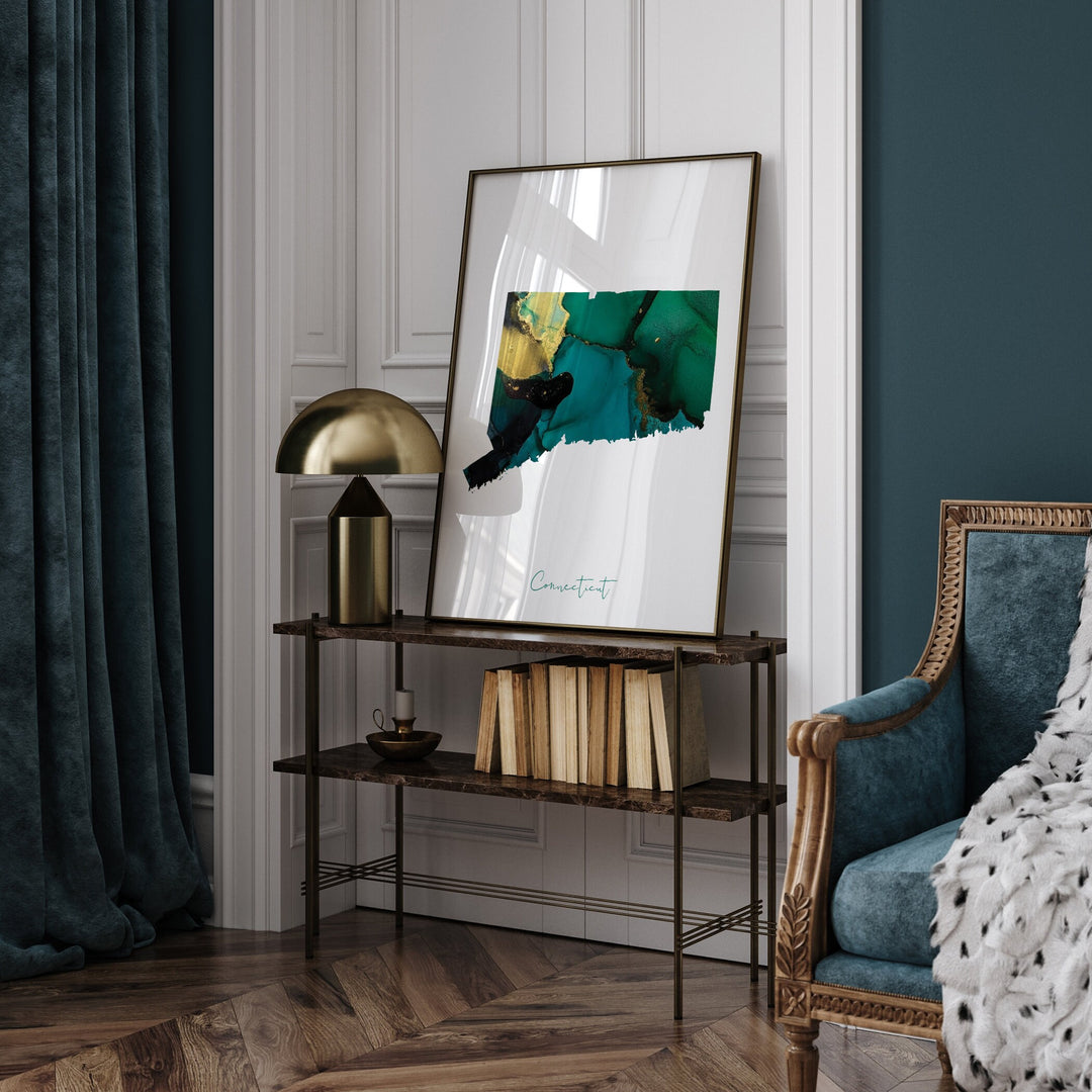 Connecticut Map Emerald Green and Gold Wall Art Print | US State | USA | United States of America