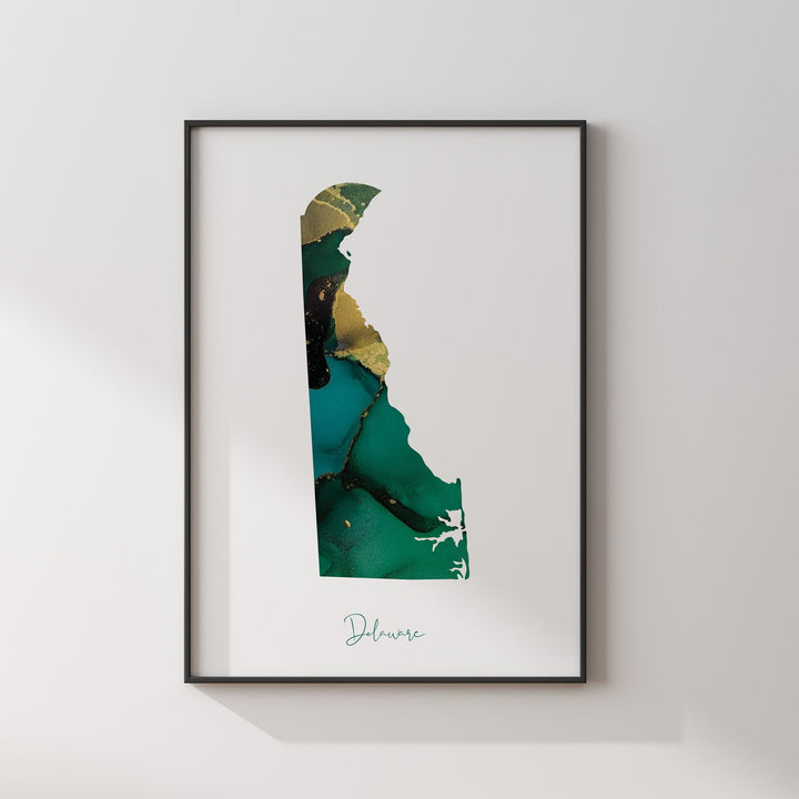 Delaware Map Emerald Green and Gold Wall Art Print | US State | USA | United States of America