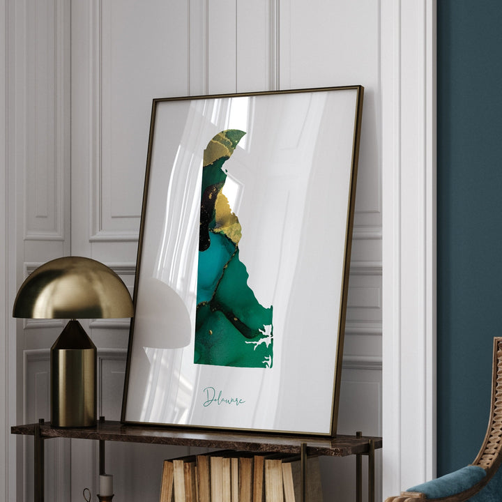 Delaware Map Emerald Green and Gold Wall Art Print | US State | USA | United States of America
