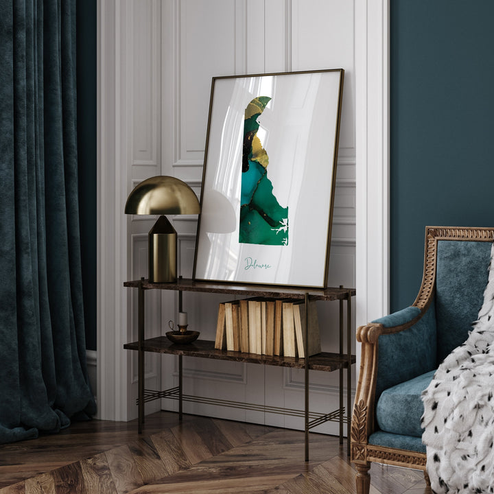 Delaware Map Emerald Green and Gold Wall Art Print | US State | USA | United States of America