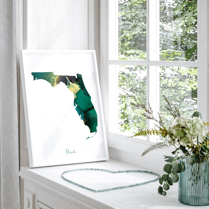 Florida Map Emerald Green and Gold Wall Art Print | US State | USA | United States of America
