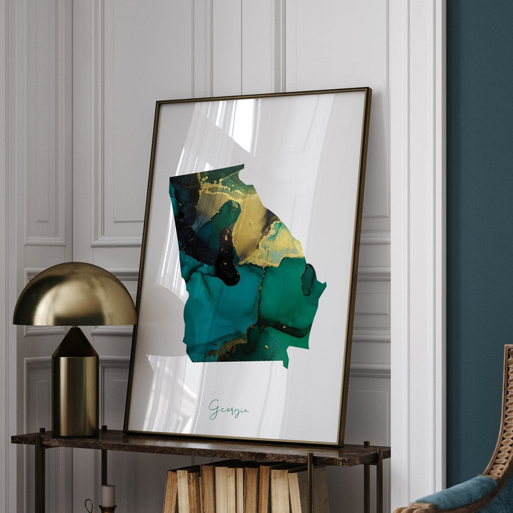 Georgia Map Emerald Green and Gold Wall Art Print | US State | USA | United States of America