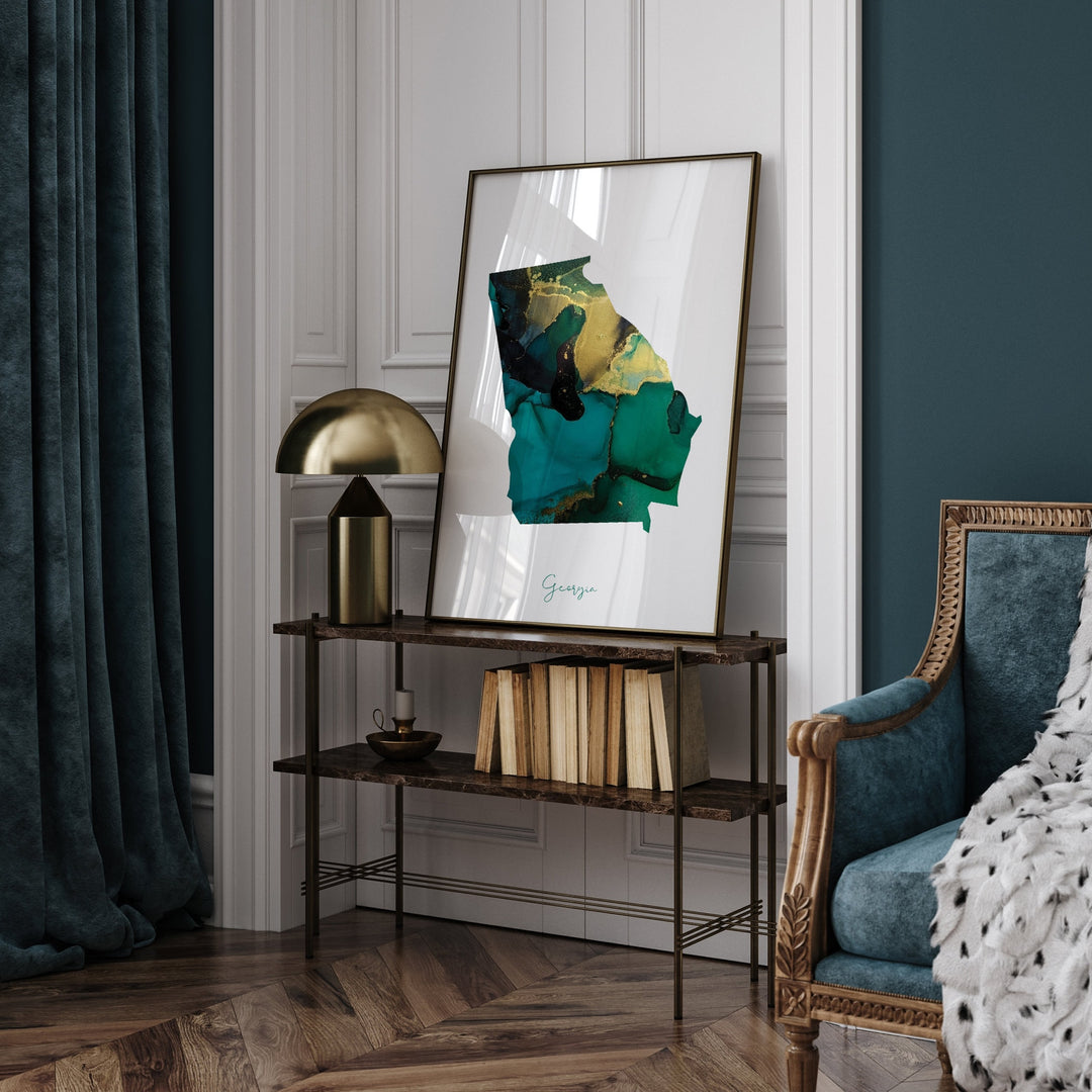 Georgia Map Emerald Green and Gold Wall Art Print | US State | USA | United States of America