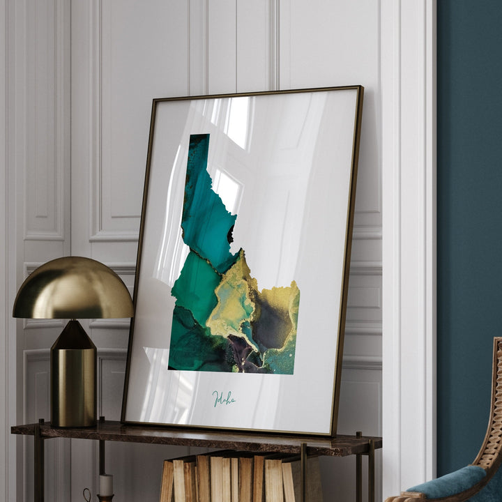 Idaho Map Emerald Green and Gold Wall Art Print | US State | USA | United States of America