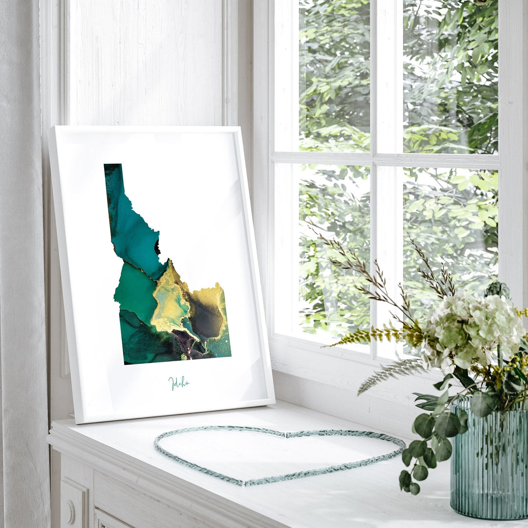 Idaho Map Emerald Green and Gold Wall Art Print | US State | USA | United States of America