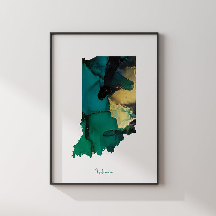 Indiana Map Emerald Green and Gold Wall Art Print | US State | USA | United States of America
