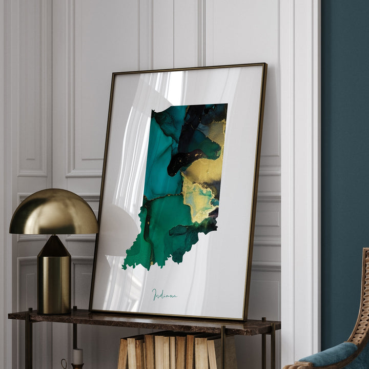 Indiana Map Emerald Green and Gold Wall Art Print | US State | USA | United States of America
