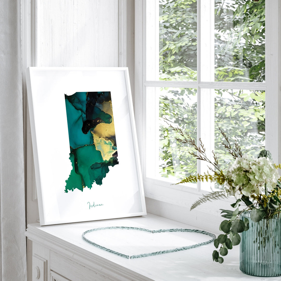 Indiana Map Emerald Green and Gold Wall Art Print | US State | USA | United States of America