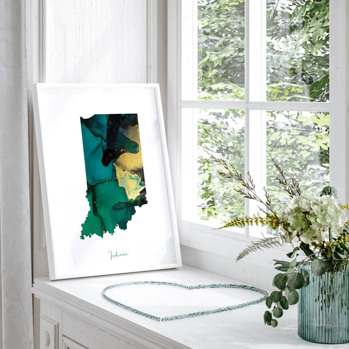 Indiana Map Emerald Green and Gold Wall Art Print | US State | USA | United States of America