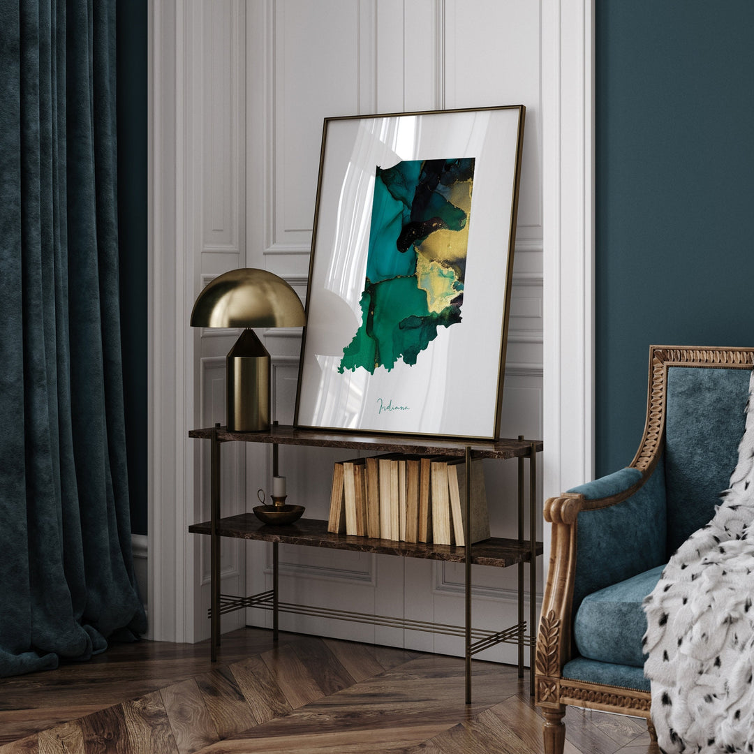 Indiana Map Emerald Green and Gold Wall Art Print | US State | USA | United States of America