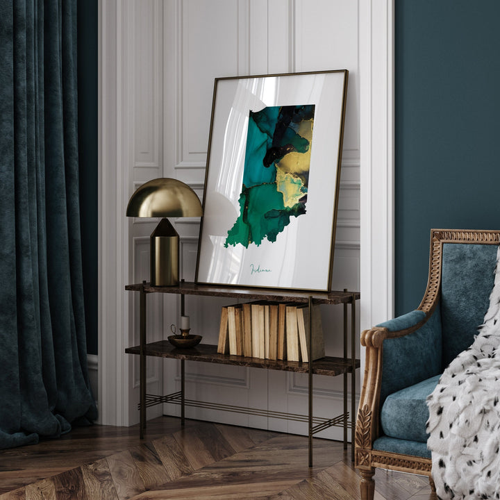 Indiana Map Emerald Green and Gold Wall Art Print | US State | USA | United States of America