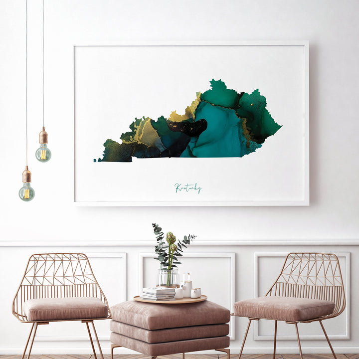 Kentucky Map Emerald Green and Gold Wall Art Print | US State | USA | United States of America