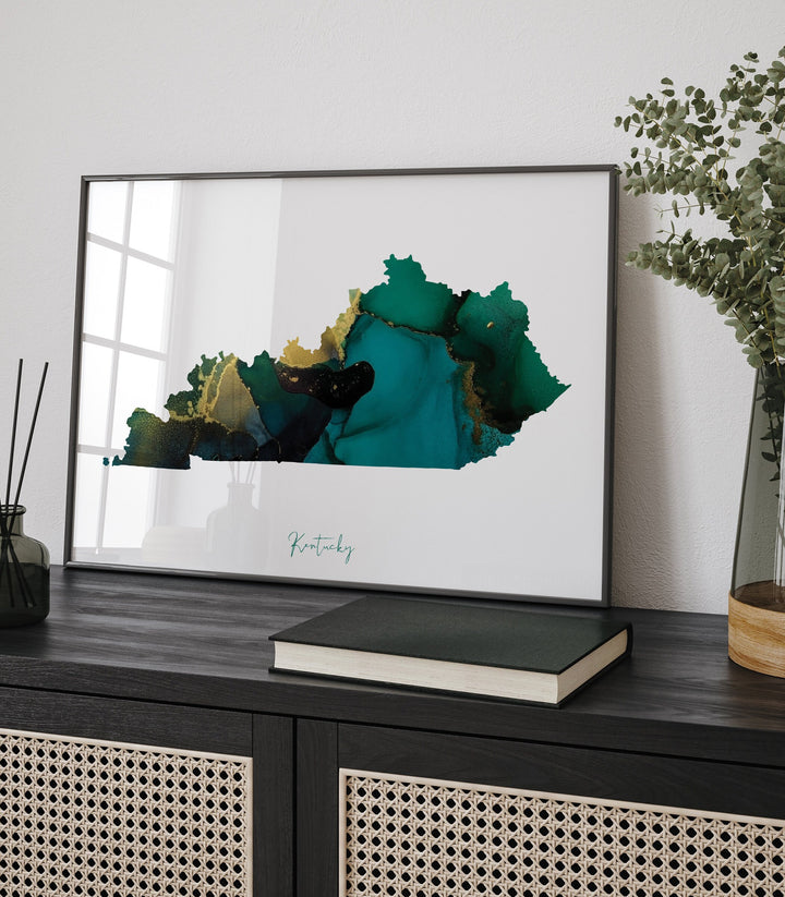 Kentucky Map Emerald Green and Gold Wall Art Print | US State | USA | United States of America