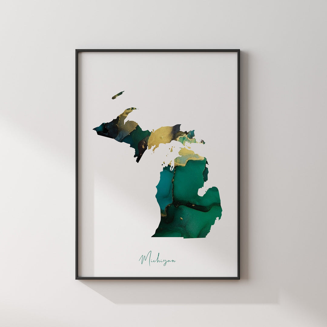 Michigan Map Emerald Green and Gold Wall Art Print | US State | USA | United States of America