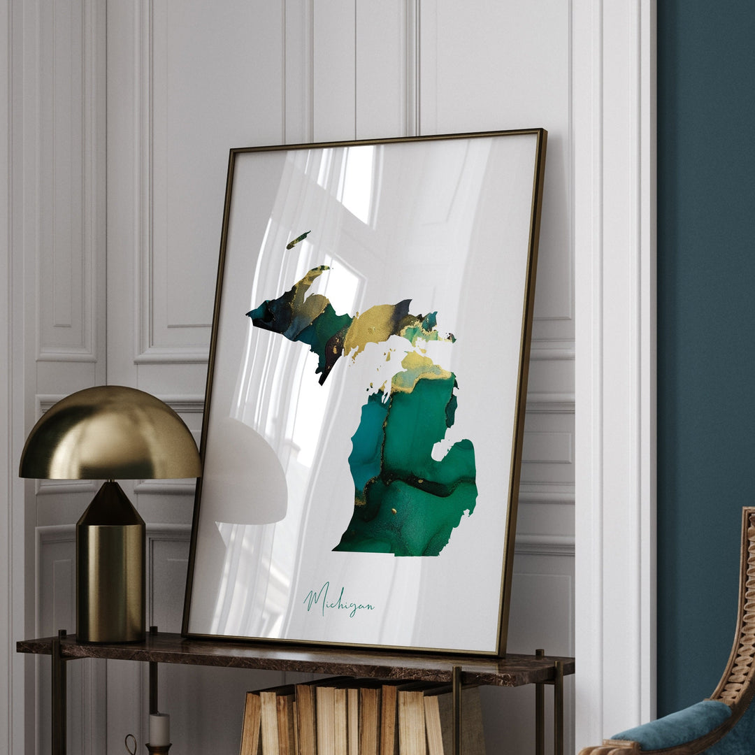 Michigan Map Emerald Green and Gold Wall Art Print | US State | USA | United States of America