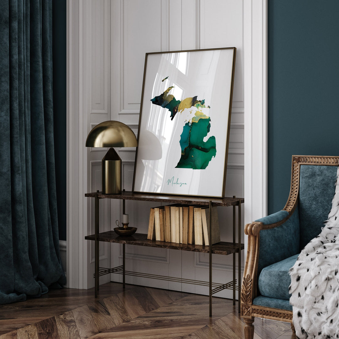 Michigan Map Emerald Green and Gold Wall Art Print | US State | USA | United States of America