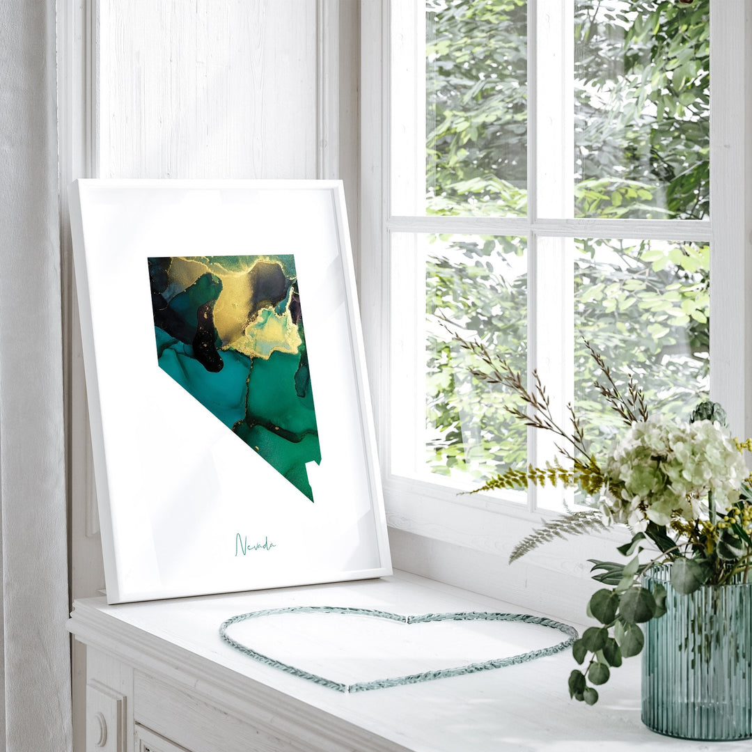 Nevada Map Emerald Green and Gold Wall Art Print | US State | USA | United States of America