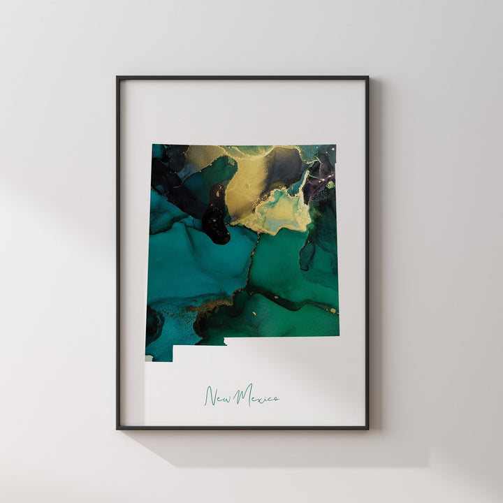 New Mexico Map Emerald Green and Gold Wall Art Print | US State | USA | United States of America