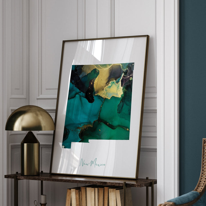 New Mexico Map Emerald Green and Gold Wall Art Print | US State | USA | United States of America