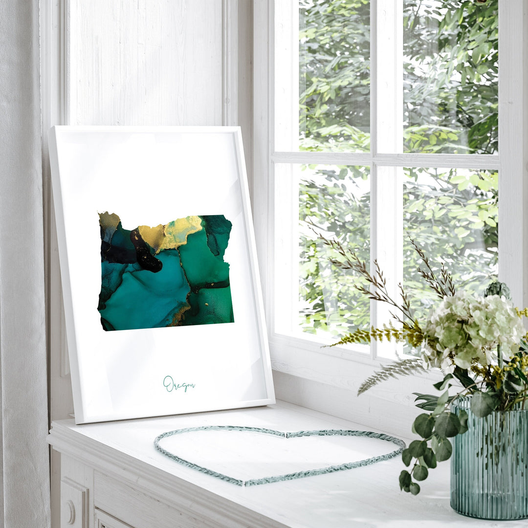 Oregon Map Emerald Green and Gold Wall Art Print | US State | USA | United States of America