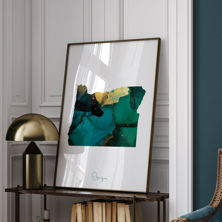 Oregon Map Emerald Green and Gold Wall Art Print | US State | USA | United States of America