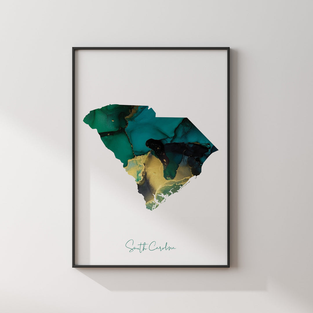 South Carolina Map Emerald Green and Gold Wall Art Print | US State | USA | United States of America