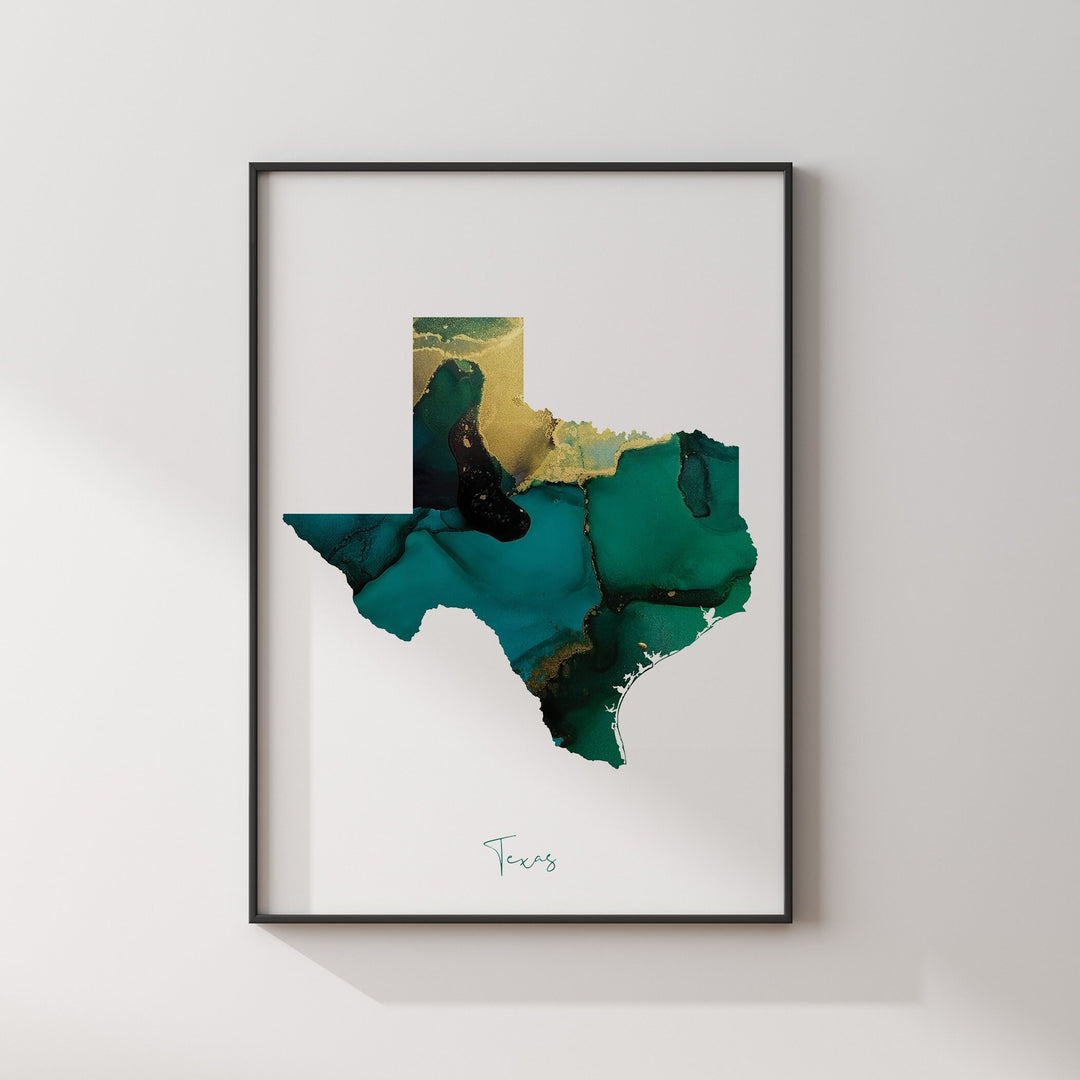 Texas Map Emerald Green and Gold Wall Art Print | US State | USA | United States of America