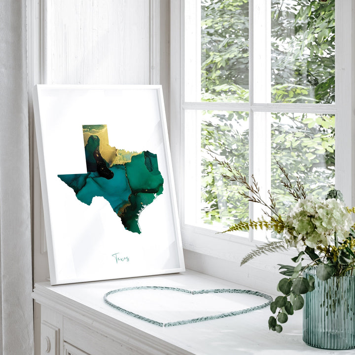 Texas Map Emerald Green and Gold Wall Art Print | US State | USA | United States of America