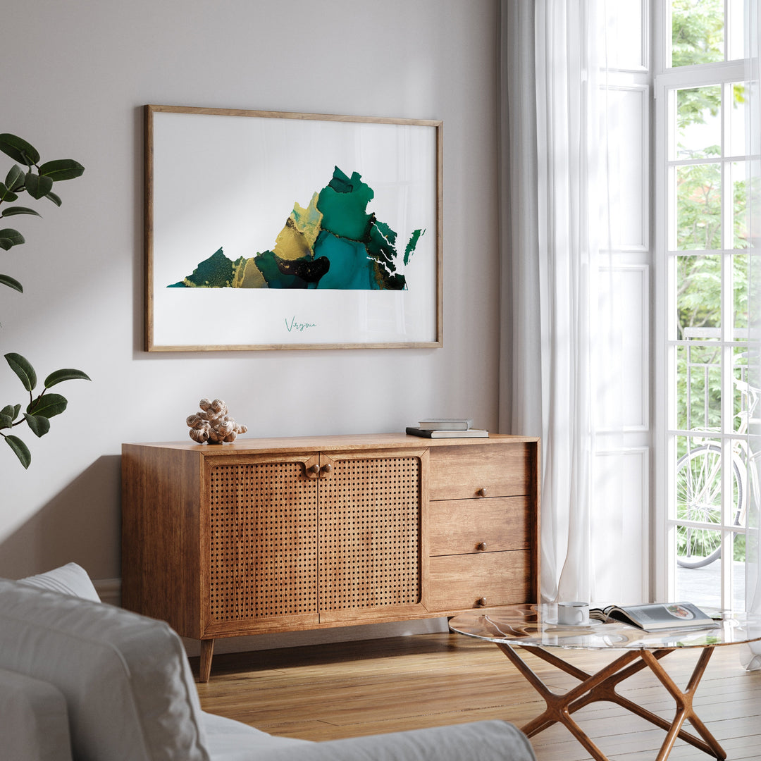 Virginia Map Emerald Green and Gold Wall Art Print | US State | USA | United States of America