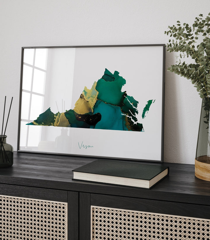 Virginia Map Emerald Green and Gold Wall Art Print | US State | USA | United States of America