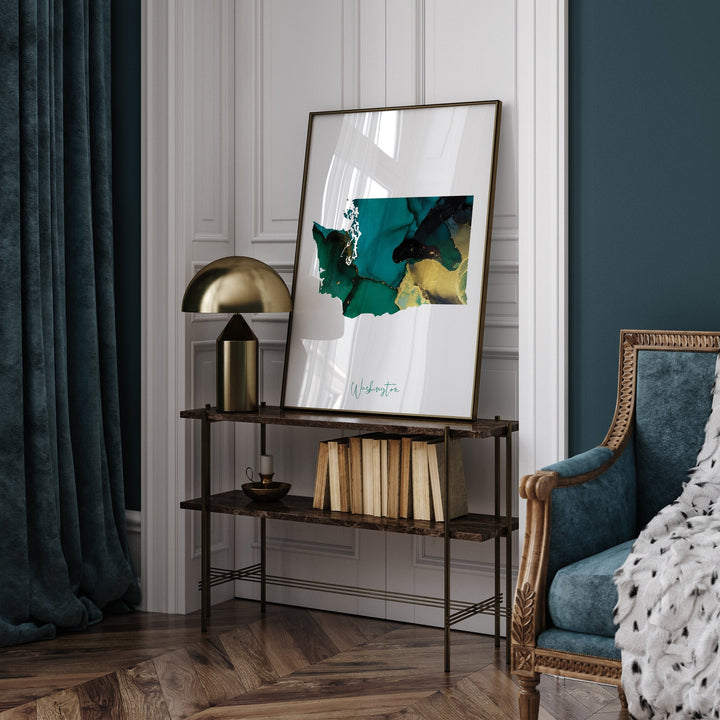 Washington Map Emerald Green and Gold Wall Art Print | US State | USA | United States of America
