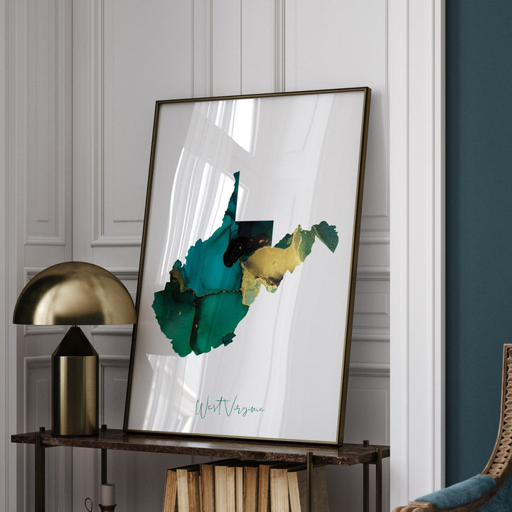 West Virginia Map Emerald Green and Gold Wall Art Print | US State | USA | United States of America