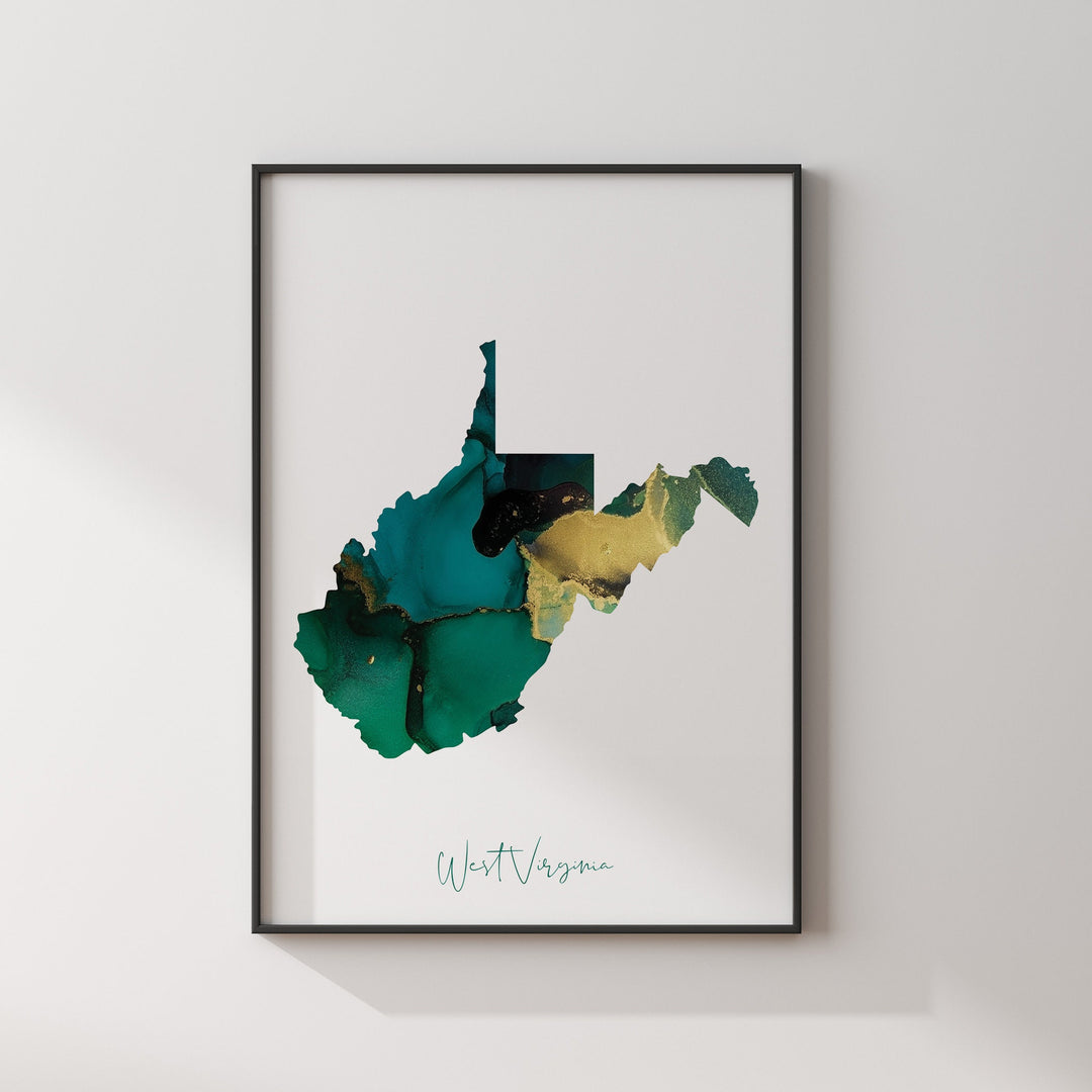 West Virginia Map Emerald Green and Gold Wall Art Print | US State | USA | United States of America
