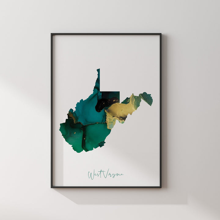 West Virginia Map Emerald Green and Gold Wall Art Print | US State | USA | United States of America