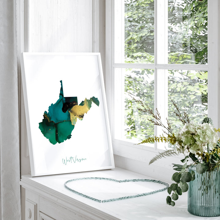 West Virginia Map Emerald Green and Gold Wall Art Print | US State | USA | United States of America