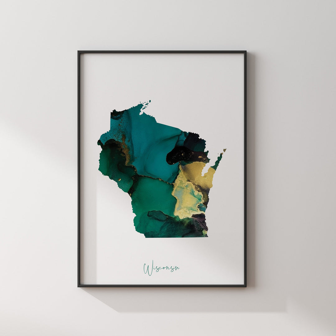 Wisconsin Map Emerald Green and Gold Wall Art Print | US State | USA | United States of America