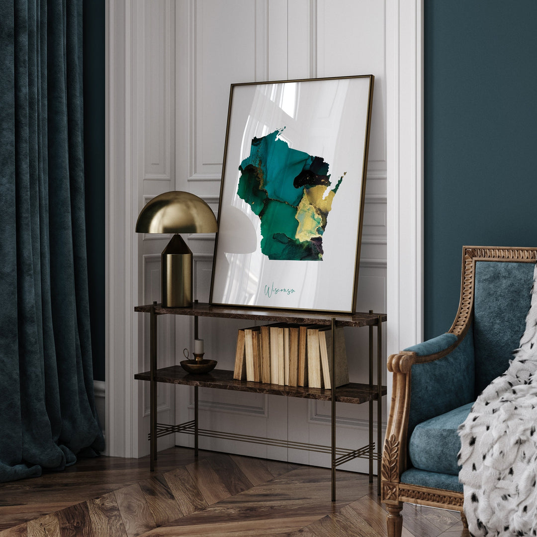 Wisconsin Map Emerald Green and Gold Wall Art Print | US State | USA | United States of America