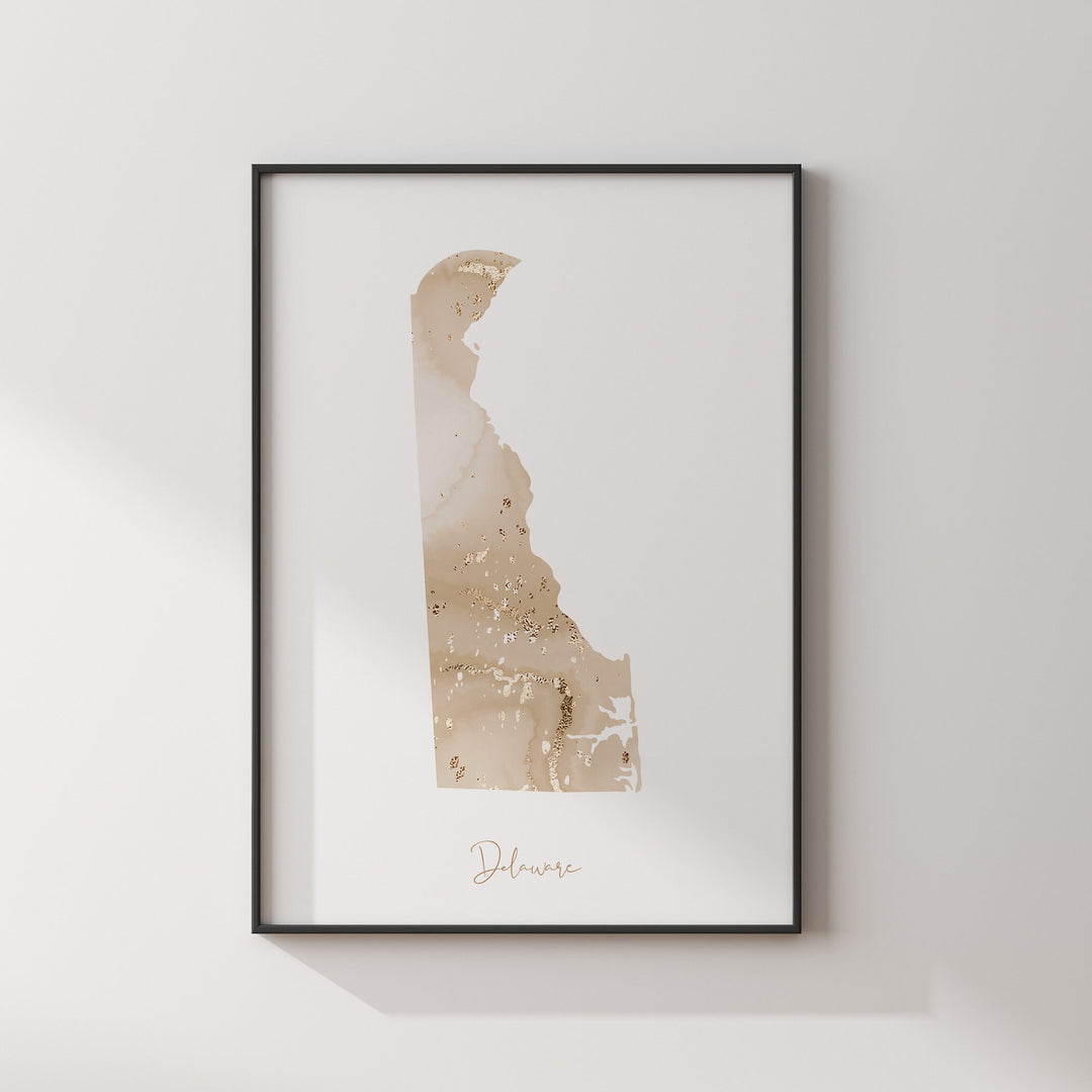 Delaware Map Beige & Gold Wall Art Print | US State | USA | United States of America