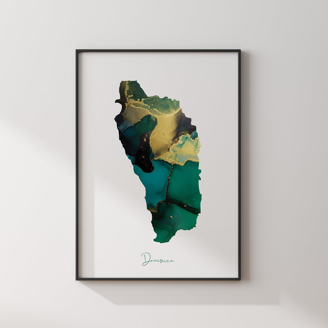 Dominica Map Emerald Green and Gold Wall Art Print