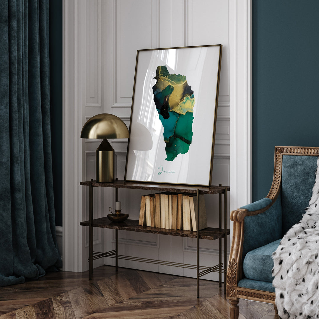 Dominica Map Emerald Green and Gold Wall Art Print